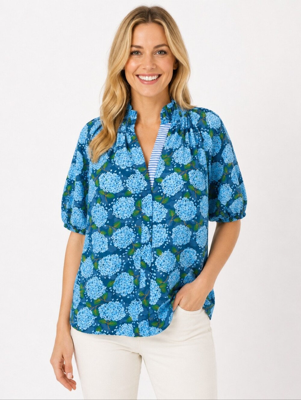 THML Floral Blouse Womens M Blue Hydrangea Puff Sleeve Smocked Neck Cotton